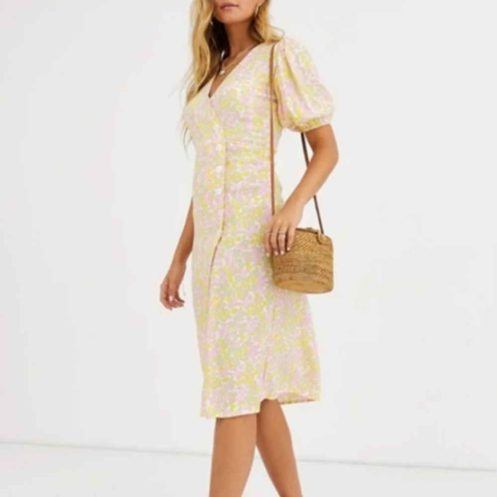 Faithfull the Brand Yellow and Pink Floral Fabric Ida Dress Size 4